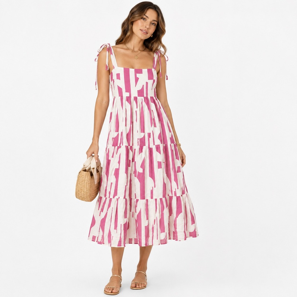 By The River Midi Dress Womens L Pink White Abstract Tie Strap Tiered Boho Maxi
